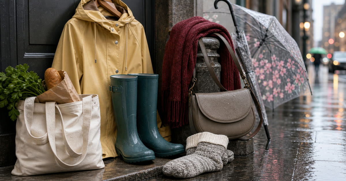 The Rainy City Errand Layer: Trench, Boots, Crossbody, Scarf, and Socks