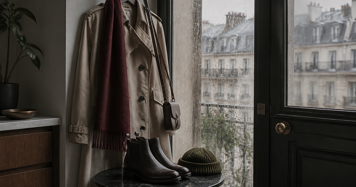 Trench Coat, Scarf, and Chelsea Boots for Rainy City Days