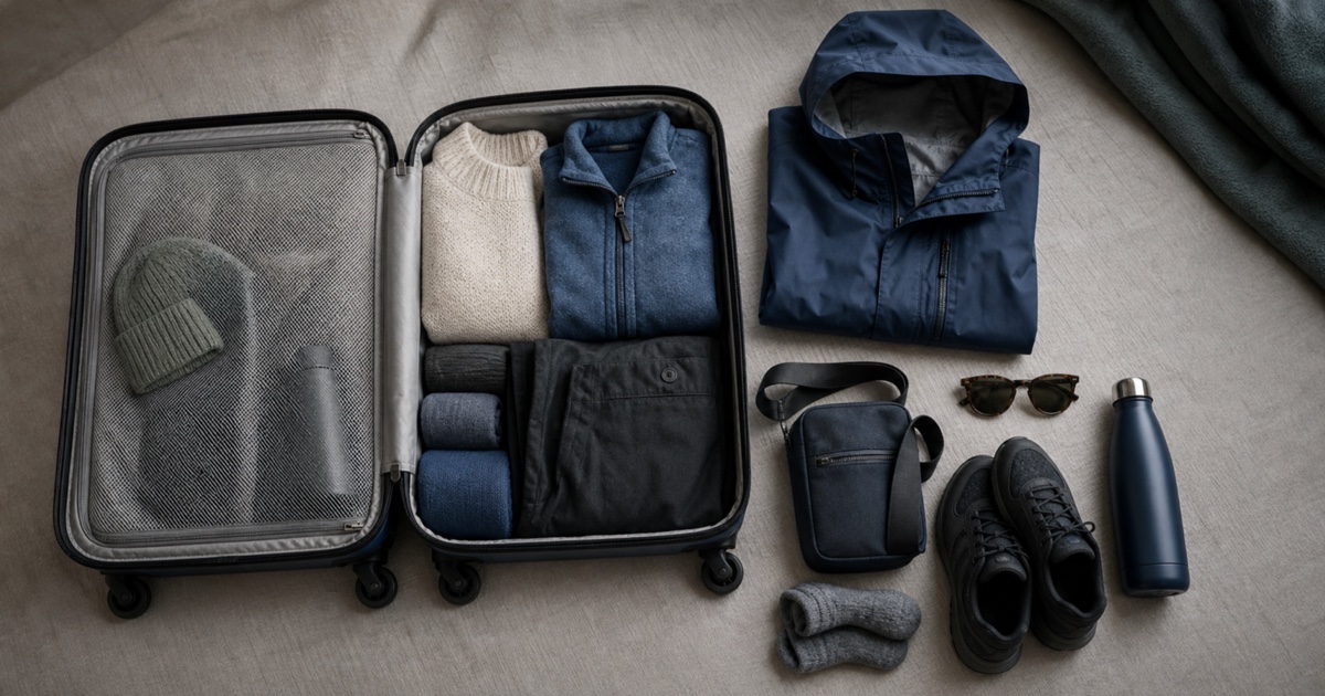 An edited Alaska cruise capsule wardrobe arranged beside an open carry-on