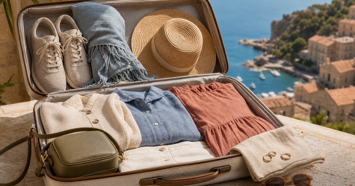 A Mediterranean cruise capsule wardrobe arranged in an open carry-on above a coastal harbour